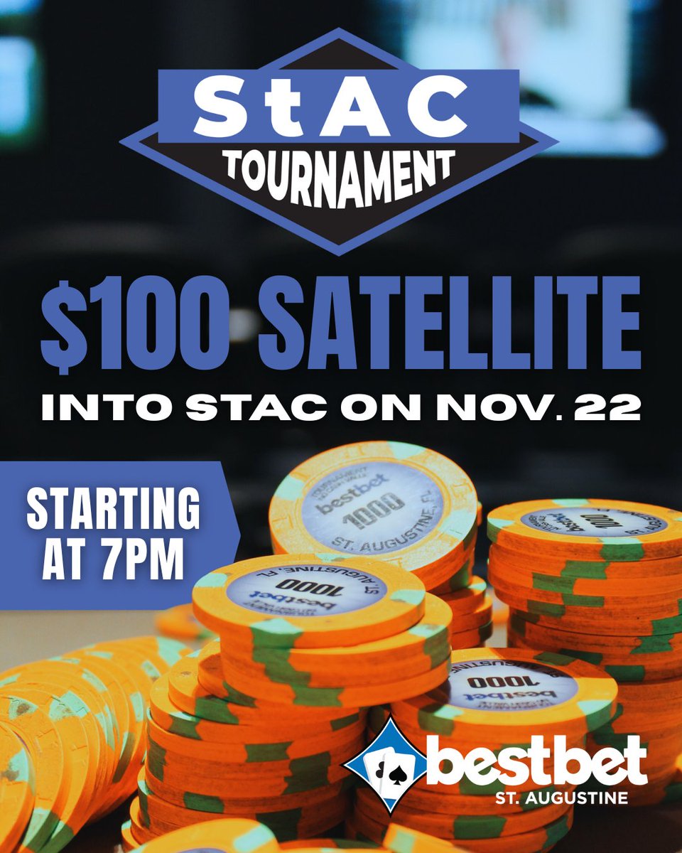 bestbet_jax's tweet image. Starting tonight at 7PM 🌙 $100 Satellite into the StAC Tournament on Nov. 22 

Are you getting in on the action?

#bestbetSTA #StAC #pokertournament #floridapoker