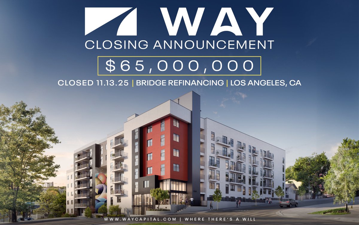WayCapitalCRE's tweet photo. WAY Capital is proud to announce the closing of $65M in bridge refinancing for a 218-unit multifamily community in LA’s Westlake submarket. Closed 11/13/25.

Delivering creative capital solutions in today’s evolving market.

#WAYCapital #CRE #Multifamily #CREFinance #LosAngeles https://t.co/8CR7is6QwD