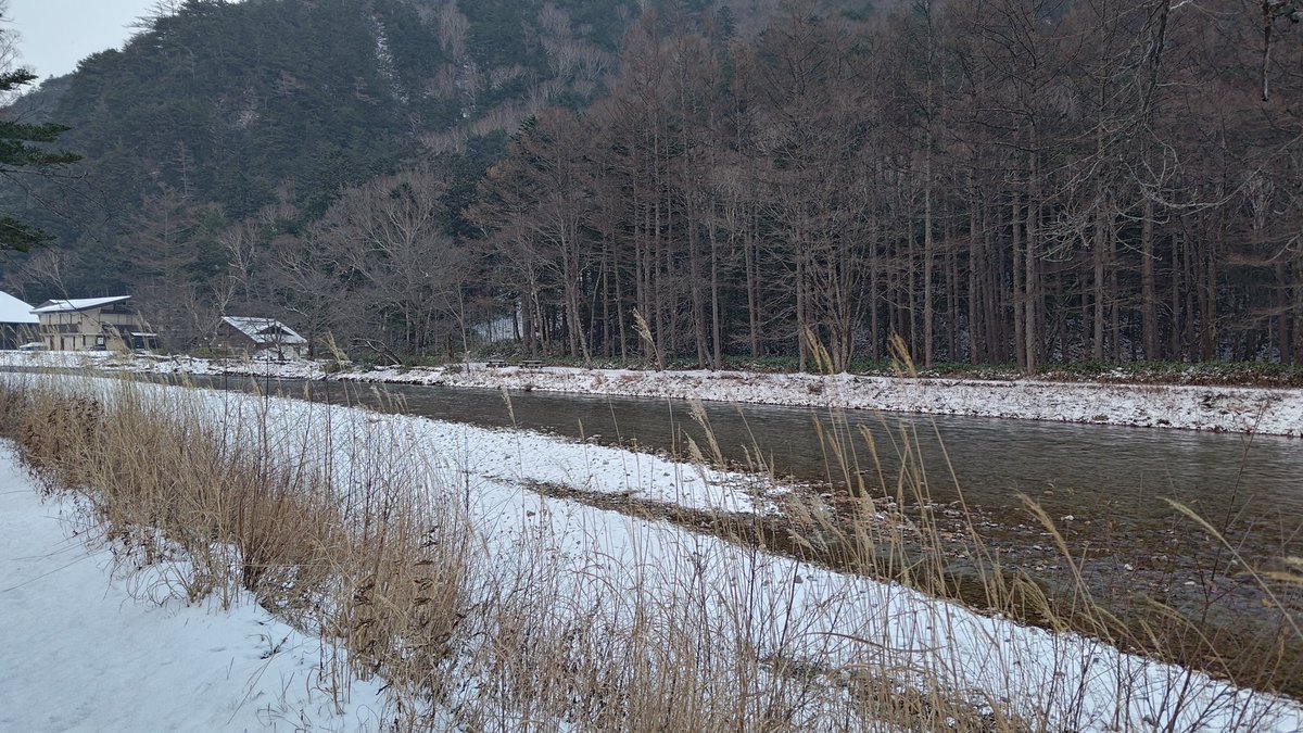 お早うございます!　細かい雪が降っています。気温は−５℃。積雪は3センチ程度です。今日は下山日。さらば上高地、また来る日まで、とは言っても直ぐに忘れ物を取りに来そうですが。