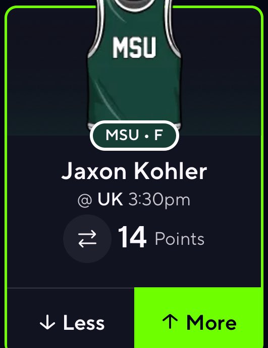 CBB Tuesday Play:🏀🚨

Jaxon Kohler O 13.5 Pts -118 

100 ❤️ for the pair🫡

• Good Spot for Kohler here against Kentucky in what should be a pace up spot for MSU and a good matchup scheme wise for him. 

• In the 5 games/Exhibitions Kohler had played in so far he’s been at