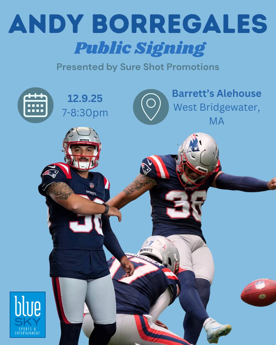 BlueSky_Sports's tweet photo. Meet Patriots kicker, Andy Borregales, at Barrett's Alehouse on December 9th! He will be there for a public signing at 7pm, courtesy of Sure Shot Promotions. https://t.co/cn5hP0y0hO