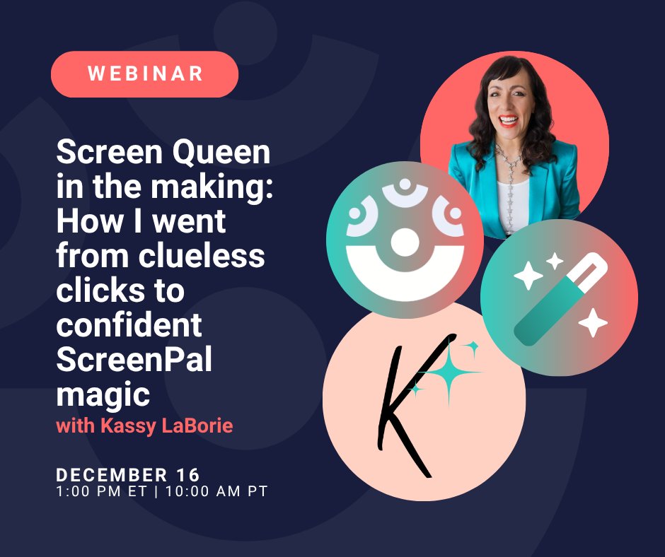 screenpalapp's tweet image. Level up your on-camera confidence 🎥✨Join us Dec 16 as @KassyConsulting shares her journey from clueless clicks ➡️ confident ScreenPal magic.

Missed her at #DevLearn? Don’t miss this! 👉 Register: zurl.co/e3eiH 

#ScreenPal #LDTips #InstructionalDesign #KassyLaBorie
