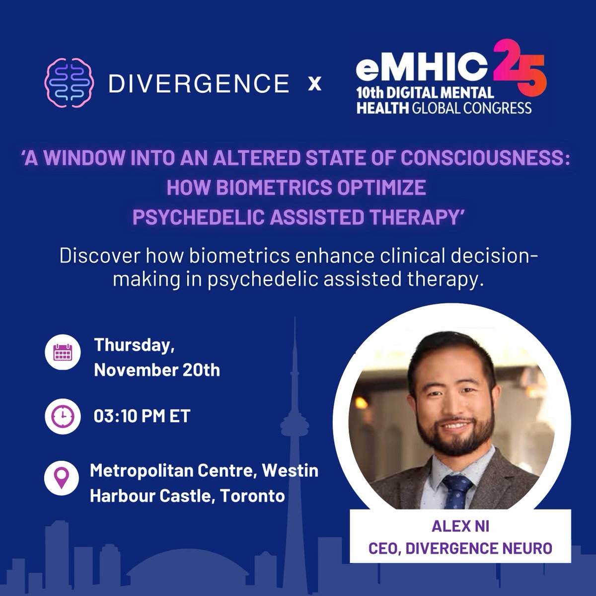 DivergenceNeuro's tweet image. This week at #eMHIC25, Alex Ni speaks Thurs, Nov 20 at 3:10 pm ET in Toronto. Explore how biometrics inform altered states in psychedelic-assisted and #ketaminetherapy with practical multimodal insights.

Register: hubs.li/Q03TSLjH0

#DigitalMentalHealth @eMHIC_Global