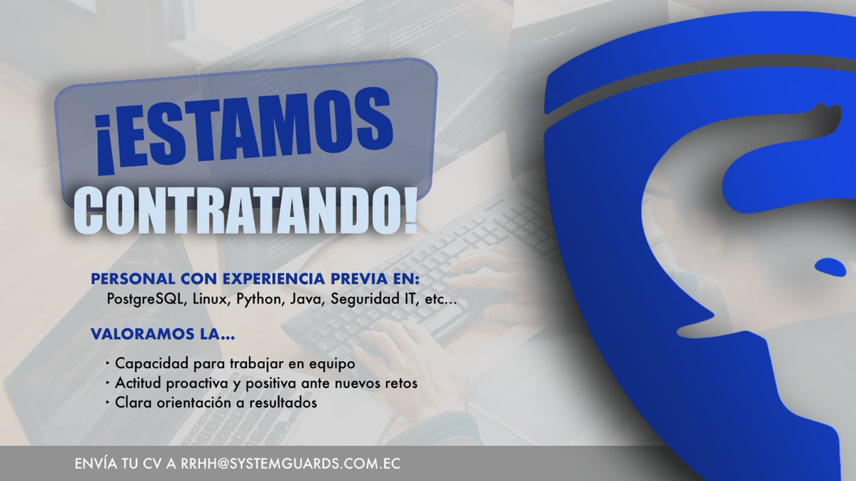 systemguards's tweet image. SystemGuards te ofrece la oportunidad de ser parte de un equipo joven y dinámico en el que el trabajo que realices contribuirá considerablemente al desarrollo y la evolución de la empresa. Si cumples con uno o más requisitos, envía tu curriculum a 👉 rrhh@systemguards.com.ec