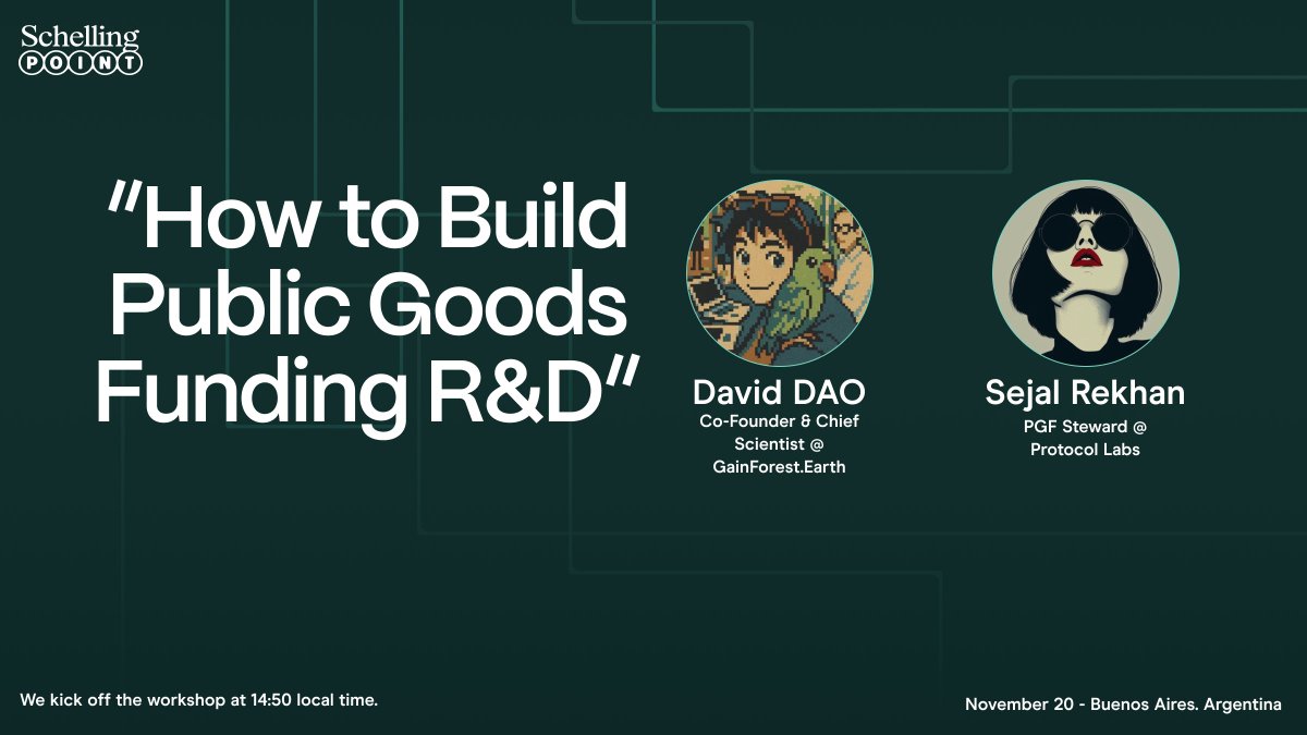 gitcoin's tweet image. A deep-dive workshop on one of the toughest problems in our space:

How do we build sustainable public-goods R&amp;amp;D?

Led by @dwddao and @sejal_rekhan, this session gets into real mechanisms, real models, and what it takes to fund long-term impact.

Starts at 14:50 local time in BA…