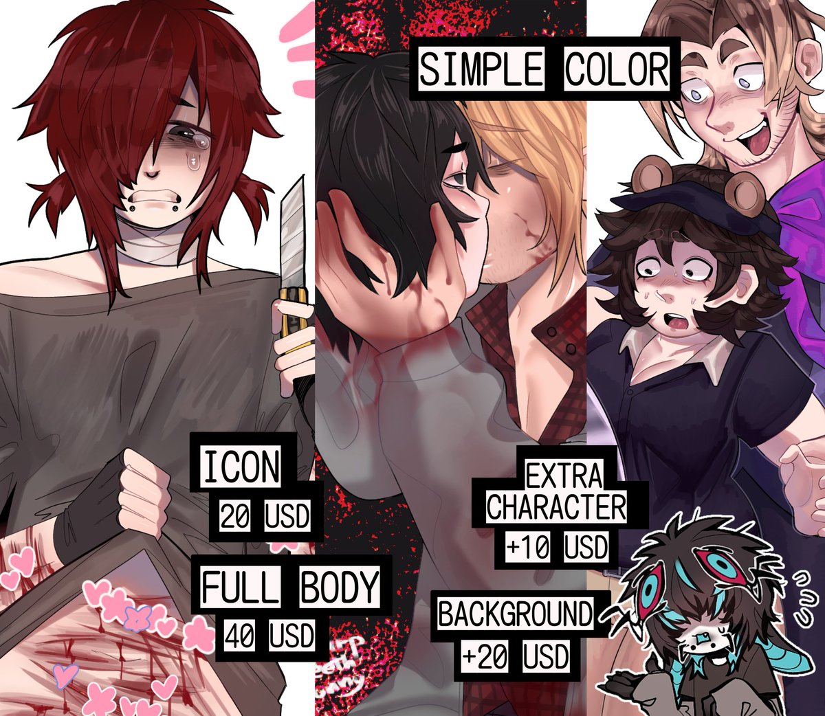 SharpTeethBunny's tweet photo. New comm sheet bleh
My artstyle has changed a lot so it's time to renew the prices and stuff 
I can draw anything but if it makes me uncomfortable I charge a plus

If you got any question DM me and I'll be happy to answer ദ്ദി(˵•̀ ᴗ -˵) https://t.co/8am5ikDKxT