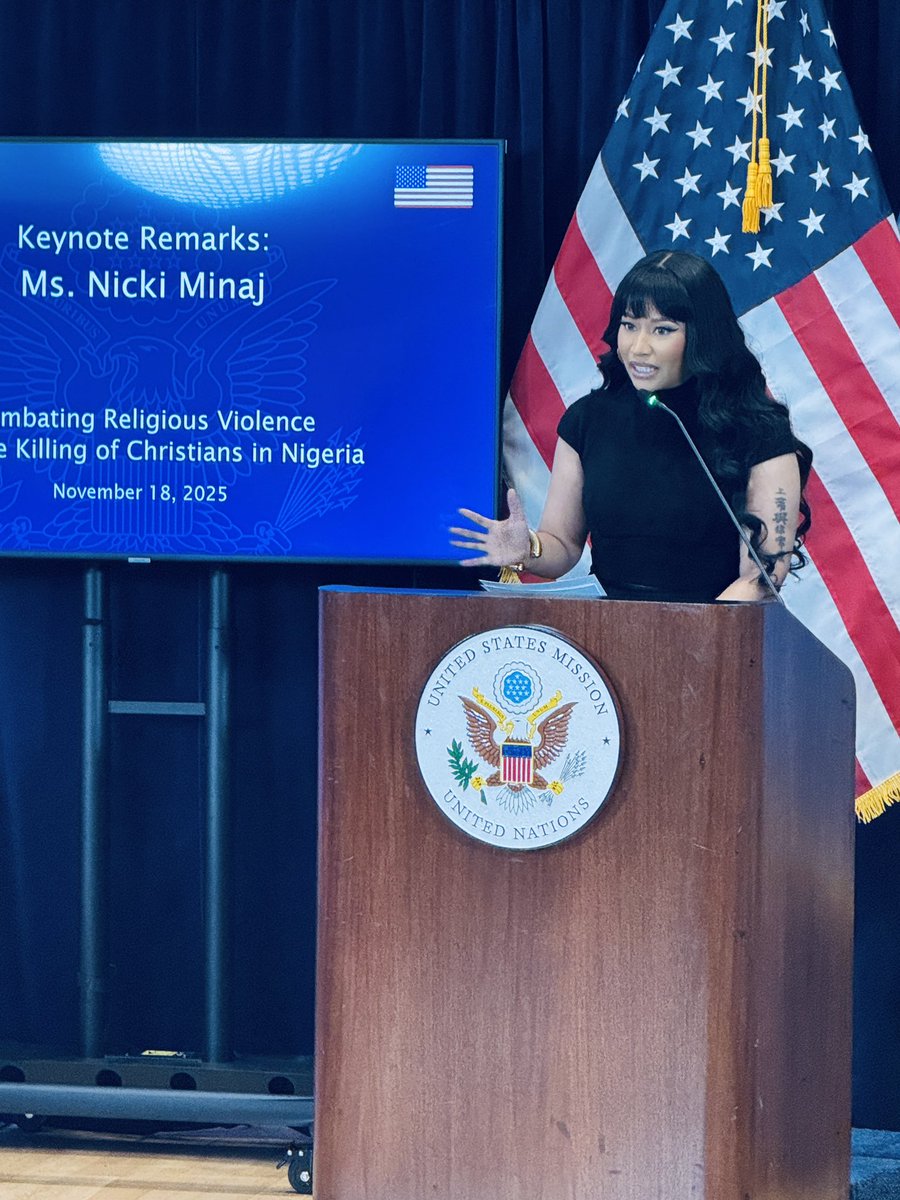 USUN's tweet photo. Powerful dialogue today with Ambassador Waltz @USAmbUN and @NICKIMINAJ with a panel moderated by @HARRISFAULKNER 

The stories of Christians facing persecution in Nigeria are heartbreaking, but they strengthen our resolve to act. The U.S. stands firmly for religious liberty and against violence everywhere.