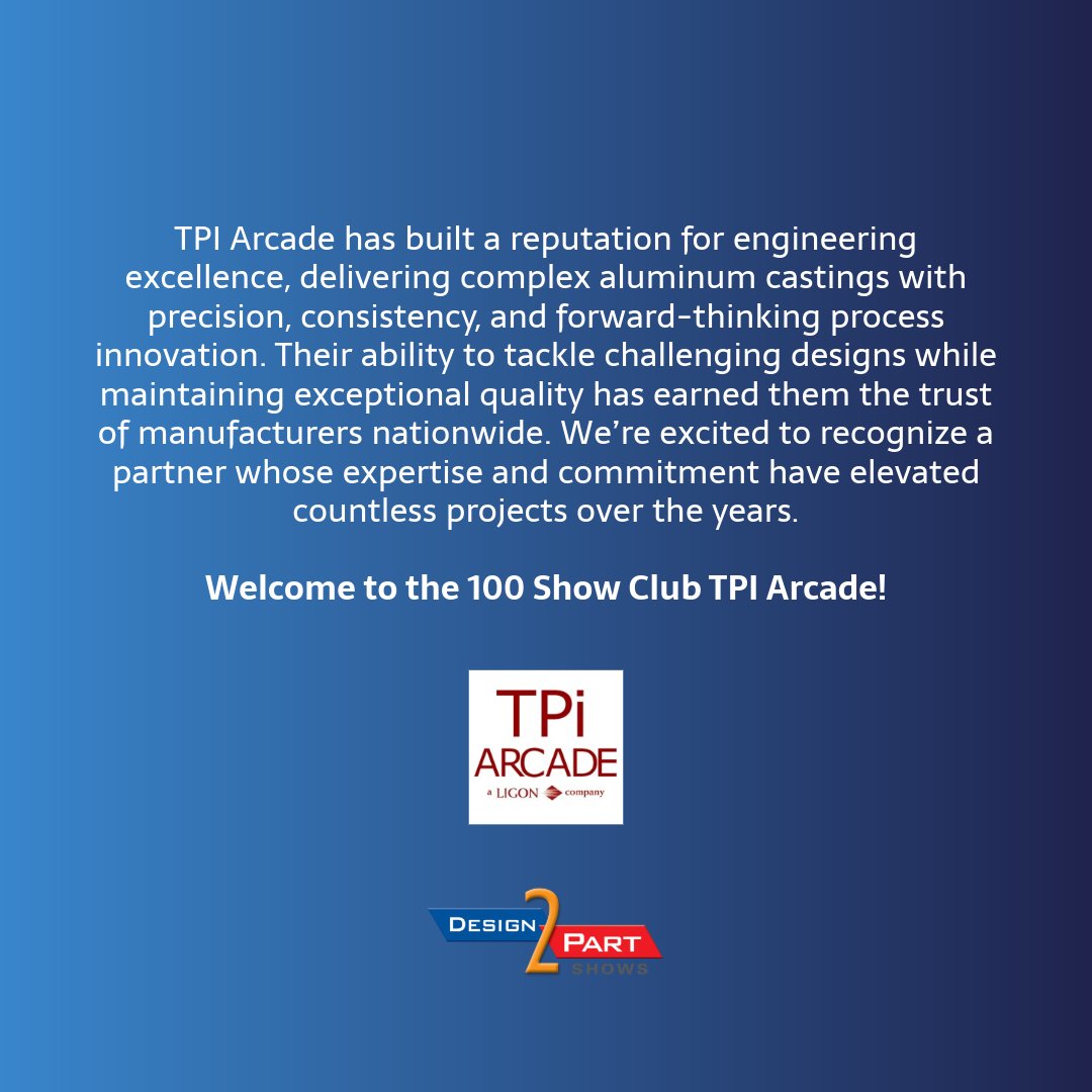 Design2Part's tweet image. Closing out today’s big announcements… our final 100 Club inductee is TPI Arcade! 🥳

Come celebrate TPI Arcade with us at our Oaks, PA Show TOMORROW!

📅 Nov 19 &amp;amp; 20
📍 Greater Philadelphia Expo Center
🎟️ Free Admission — d2p.com/PA25