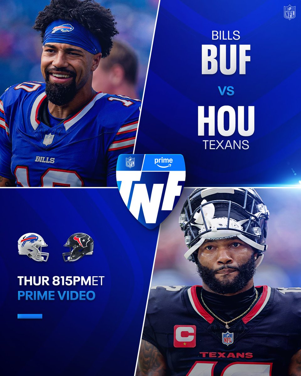 Bills vs. Texans on deck for Thursday night 🤩

BUFvsHOU– Thursday 8:15pm ET on Prime Video
Also streaming on @NFLPlus 