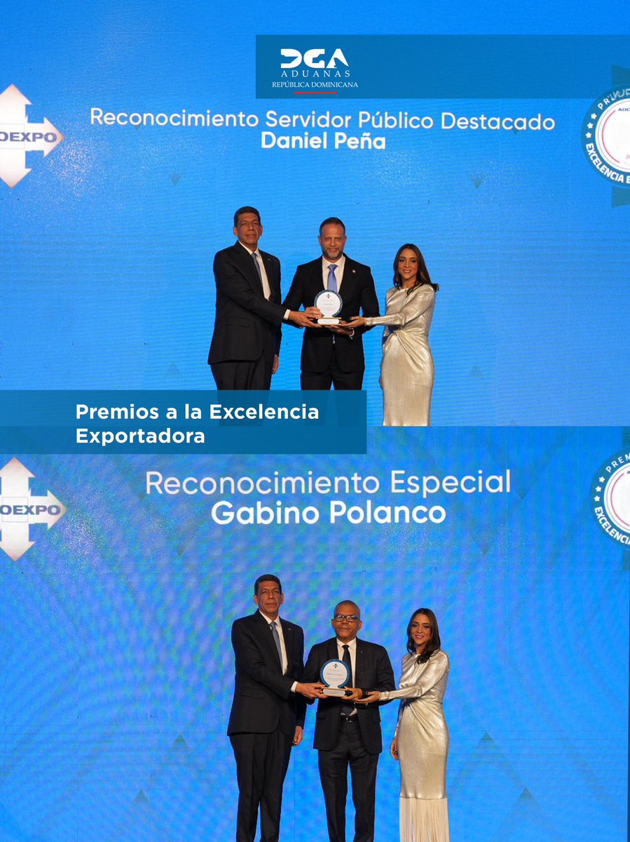 aduanard's tweet photo. La Asociación Dominicana de Exportadores (@ADOEXPO), en su 39.ª edición del Premio a la Excelencia Exportadora, reconoció a nuestro subdirector, @danielpenafern, como Servidor Público Destacado por su liderazgo en la transformación digital de los procesos aduaneros. https://t.co/UQqdku2t4t
