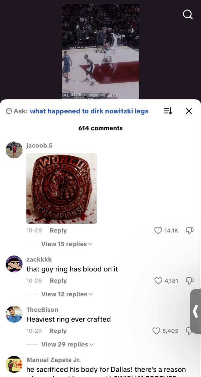 MavsStan41's tweet photo. By the way, if you’re wondering what the younger generation/Tiktok users think about Dirk, under every Dirk video these are pretty consistently the top replies: https://t.co/A4VbKQFP2U