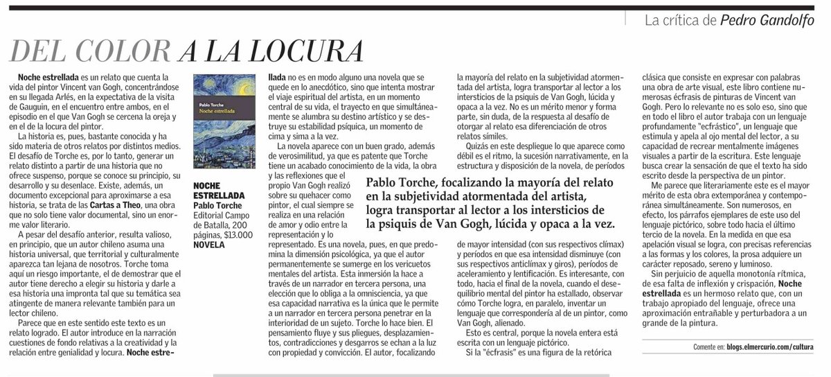 PabloTorche's tweet image. En esta semana aciaga , agradezco la crítica de Pedro Gandolfo a mi novela Noche estrellada