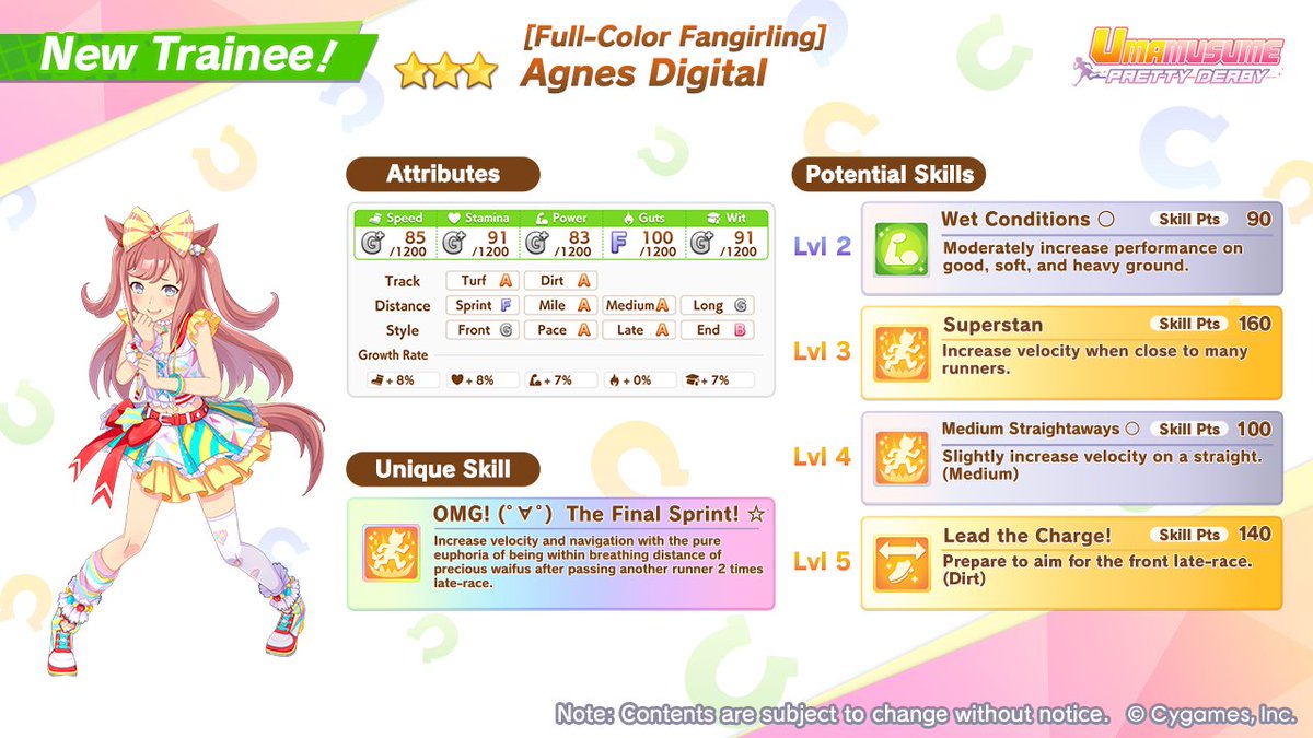 umamusume_eng's tweet image. 🎊 Here&apos;s your first look at the new 3★ character!

Introducing [Full-Color Fangirling] Agnes Digital!

For details, please check the Featured Trainees section on the top right of the Scout screen, available from Nov 19 (UTC).

#Umamusume