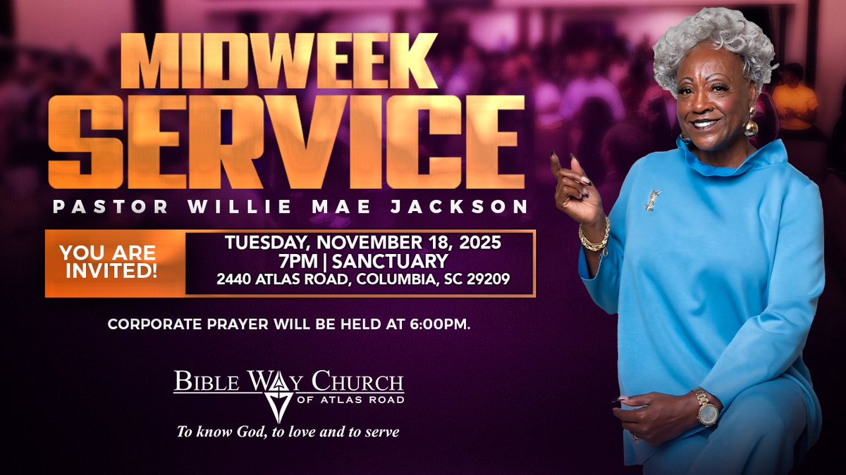 Join us this evening, for Midweek Service at 7pm, as Pastor Willie Mae Jackson brings a powerful message in the Sanctuary.

Corporate Prayer is open to all and will begin one hour before Midweek Service.