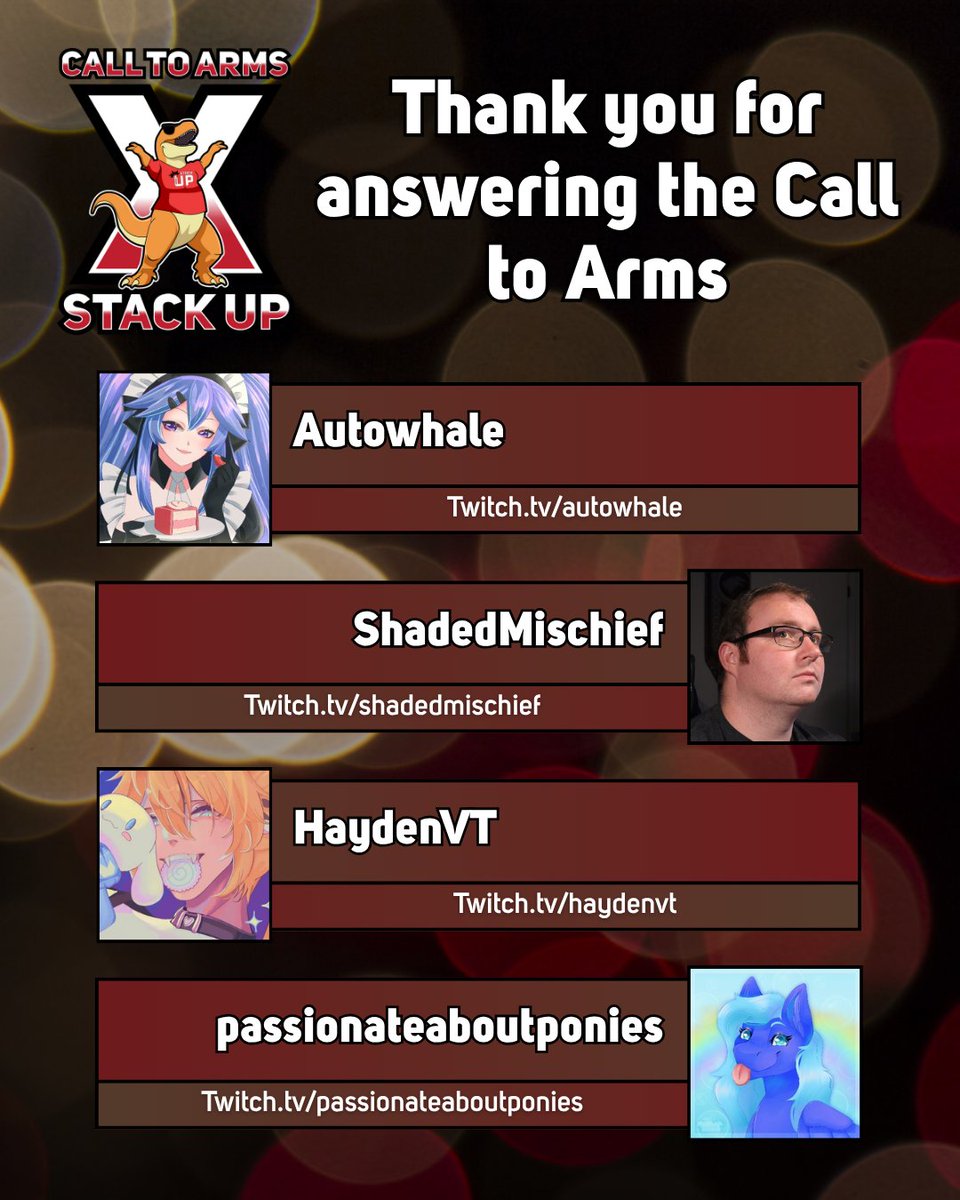 Thank you for fundraising with <a href="/StackUpDotOrg/">Stack Up</a> your contributions have aided us in raising nearly $400k this year!

<a href="/Auto_Kailani/">Auto & Kailani 🐳💙</a> | Twitch.tv/autowhale
<a href="/ShadedMischief/">ShadedMischief</a> | Twitch.tv/shadedmischief
<a href="/HaydenVtuber/">HayHayHayden 🦒💛 Giraffe Boy Vtuber</a> | Twitch.tv/haydenvt
<a href="/PegasisWhovian/">PassionateAboutPonies | VTuber Pegasus Pony! 🐴💙</a> | Twitch.tv/passionateabou…