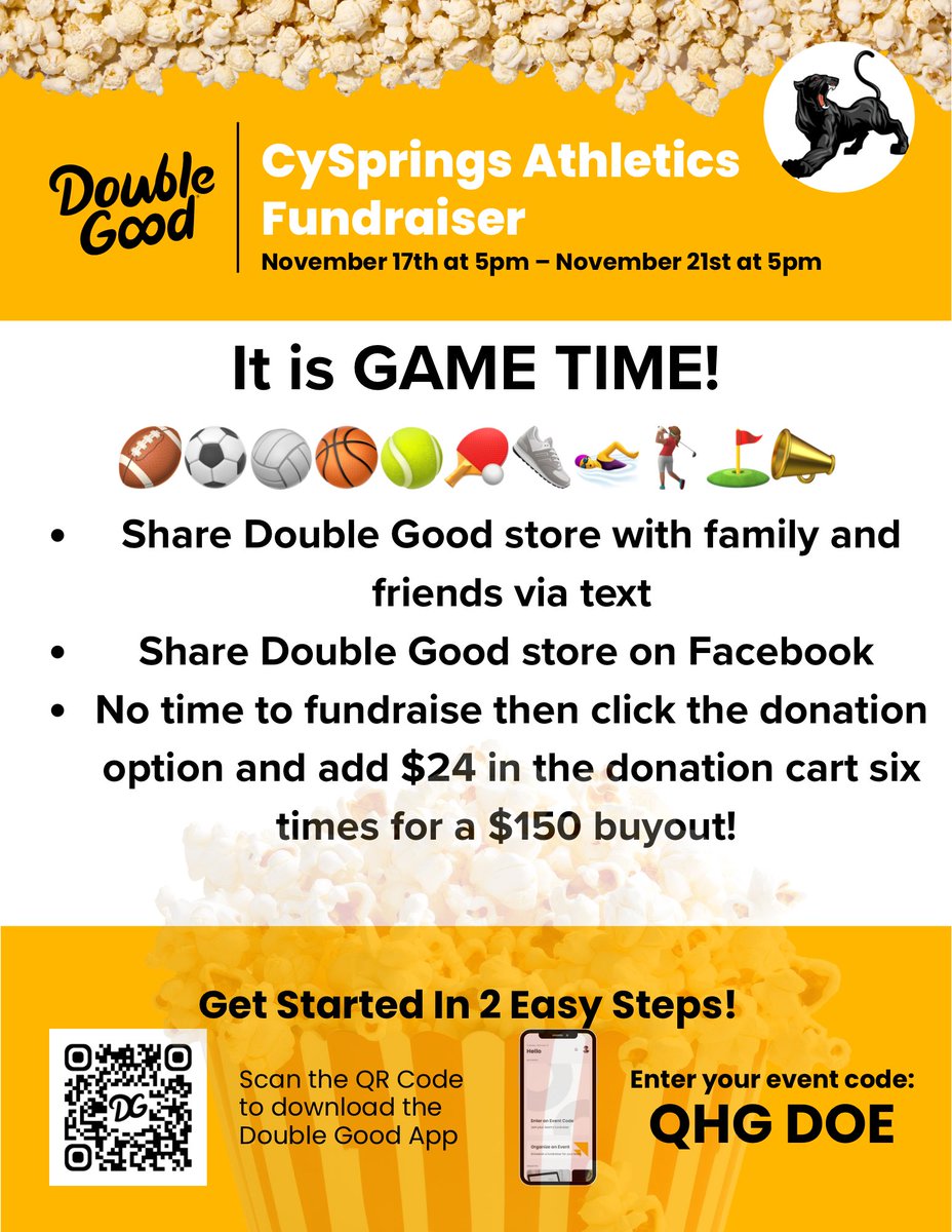 csabcofficial's tweet photo. 📣 Cy-Springs! Our Double Good fundraiser is LIVE! 🍿🔥
Athletes — share your Pop-Up Store links and let’s hit our goal.
If each student raises $150, we’ll get there!
Let’s show out, Panthers! 💙🐾 #PantherPride #DoubleGood https://t.co/uuEg8wnh46