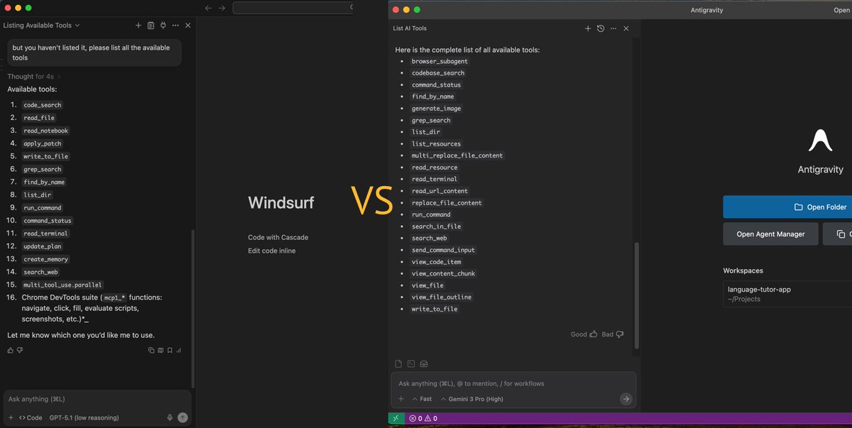 DENIELER's tweet photo. List of tools in Antigravity IDE looks awfully familiar 🤔 https://t.co/5M6q9rIwXx