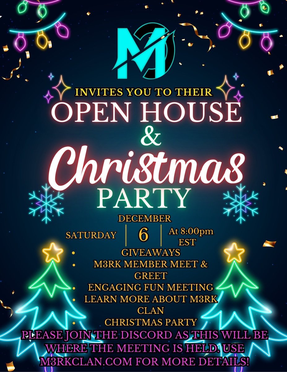🚨 GAMERS — BIG ANNOUNCEMENT! 🚨

I’m excited to share that my community, M3RK Clan, is hosting a Christmas Party + Open House Meeting on December 6th @ 8 PM EST — and YOU’RE invited! 🎄🔥

If you’ve been looking for a gaming community that’s active, supportive, and all about