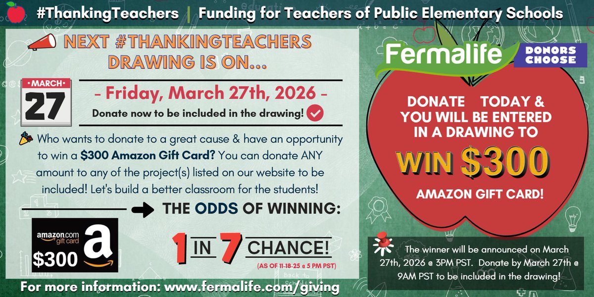 fermalife's tweet image. 🍎✨Next #ThankingTeachers drawing is on 3-27-26 so mark your calendars! Help teachers get their projects funded! Donate ANY amount to the @donorschoose project(s) listed on our website &amp;amp; you&apos;ll be entered in a drawing to win a $300 #AmazonGiftCard! #nonprofit  More:…