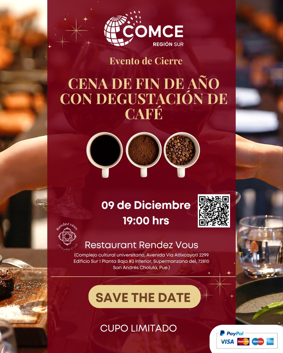 COMCE_Sur's tweet image. ☕✨ Cena de Fin de Año con Degustación de Café ✨🍽

¡SAVE THE DATE!
Acompáñanos a una velada especial para cerrar el año entre socios y aliados, disfrutando una experiencia sensorial de café de especialidad y una cena preparada para celebrar juntos los logros de 2025 y las…