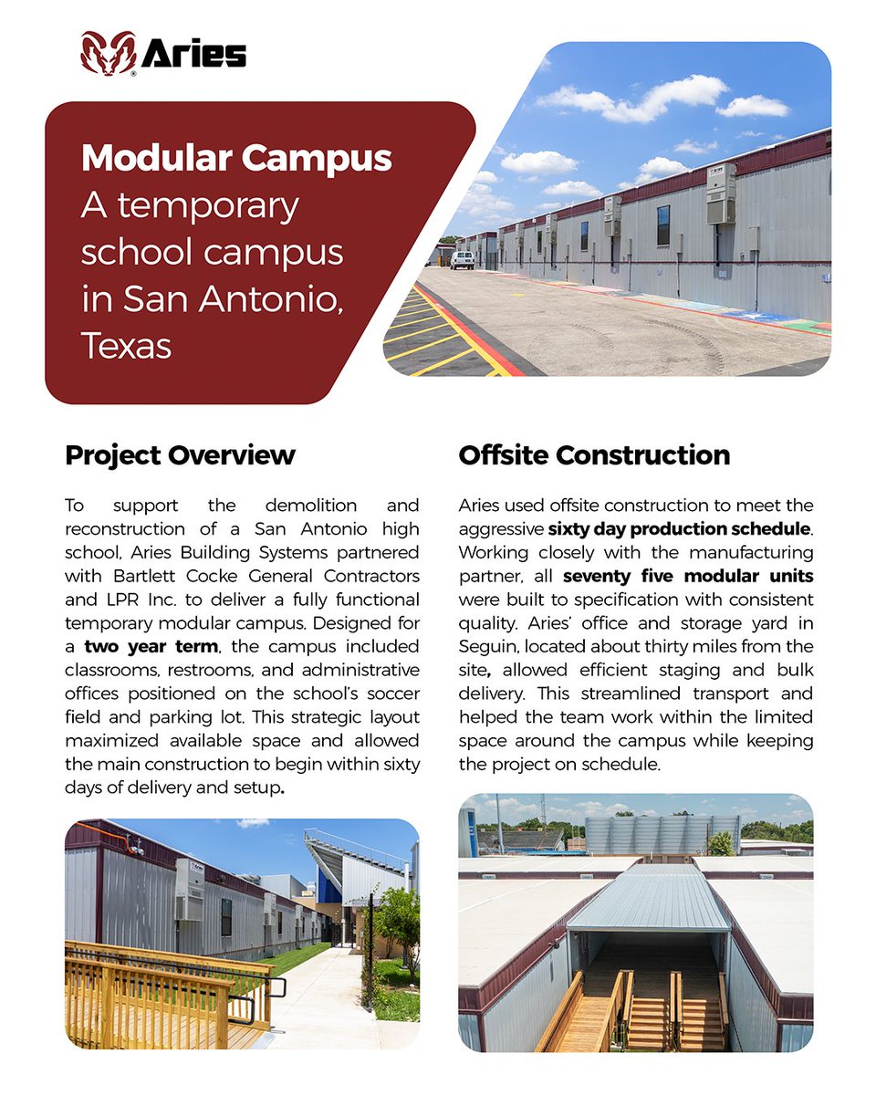AriesBuildings's tweet image. A Texas school district needed fast space during a major rebuild. We delivered a sixty six thousand square foot temporary campus in only sixty days. Safe, functional, and built for learning.

 ariesbuildings.com

#ModularConstruction #Education #AriesBuildingSystems