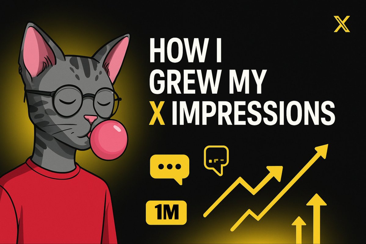 「How I Grew My X Impressions」というテキストと成長アイコンが付いたガムを吹く猫のイラスト