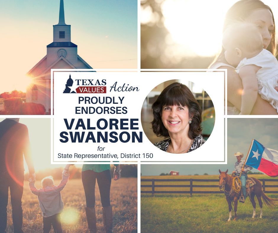 Texas Values Action proudly endorses <a href="/ValoreeSwanson/">Valoree Swanson</a> for re-election to the Texas House, District 150! Valoree is a strong advocate for religious freedom, pro-life values, and the importance of marriage &amp; family!  

For all other races, visit freevotersguide.com to learn more