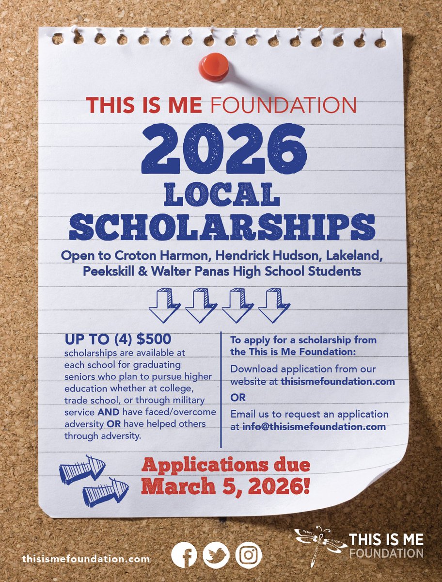 The $500 This Is Me Local Scholarship will be awarded to up to four #Classof2026 graduating seniors from each #CrotonHarmon #HenHud #Lakeland #Peekskill, and  #Panas HS who have faced adversity, or helped others through adversity.  Download an app -&gt; thisismefoundation.com/local-scholars…
