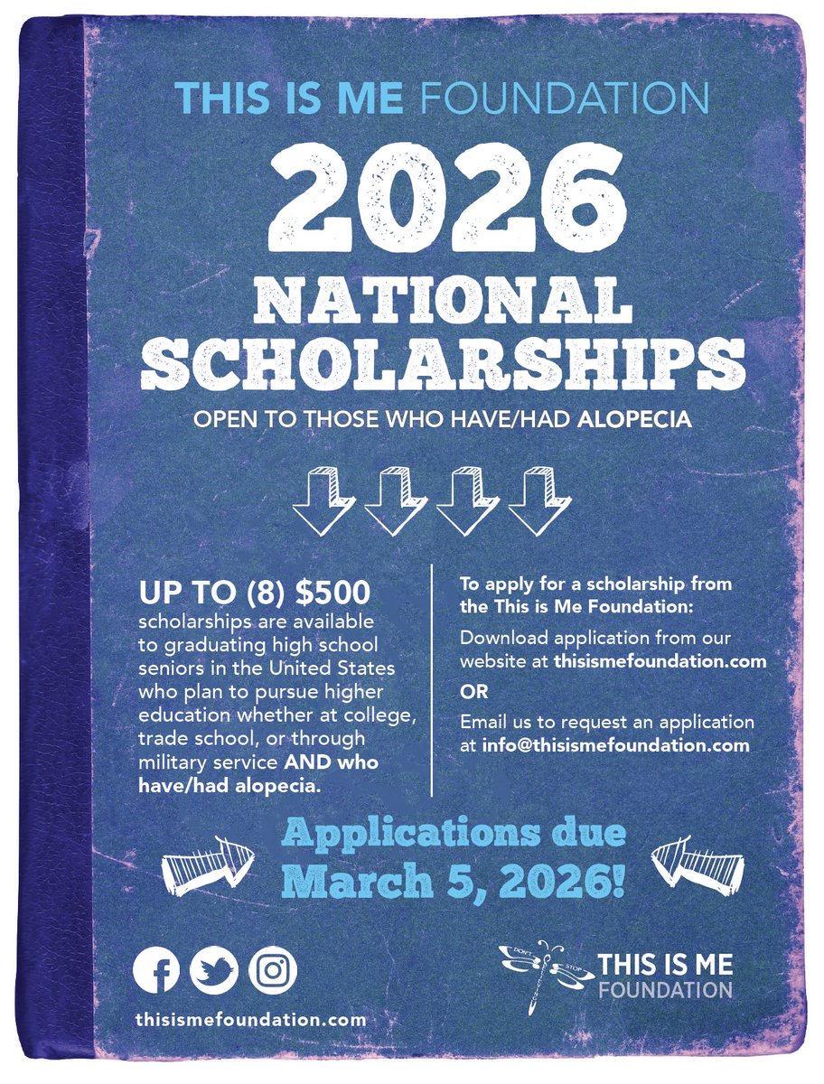 The $500 #ThisIsMe National #Scholarship, will be awarded to up to eight #Classof2026 graduating seniors from the USA who have or have had #alopecia Download an application here -&gt; thisismefoundation.com/national-schol…