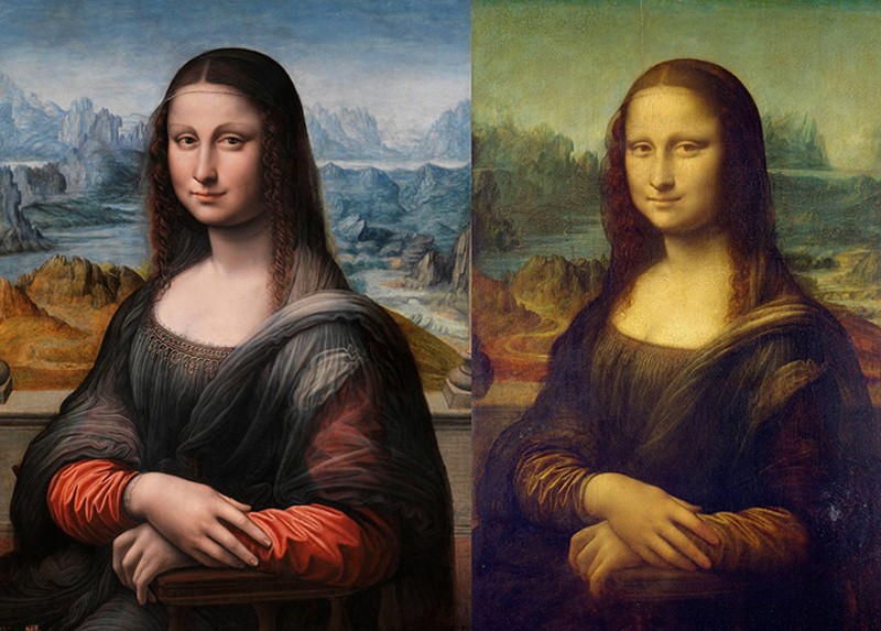 xmuse_'s tweet image. Side by side Leonardo’s Mona Lisa and the Prado’s La Gioconda, a studio replica painted in parallel by a student, reveals background details lost in the original