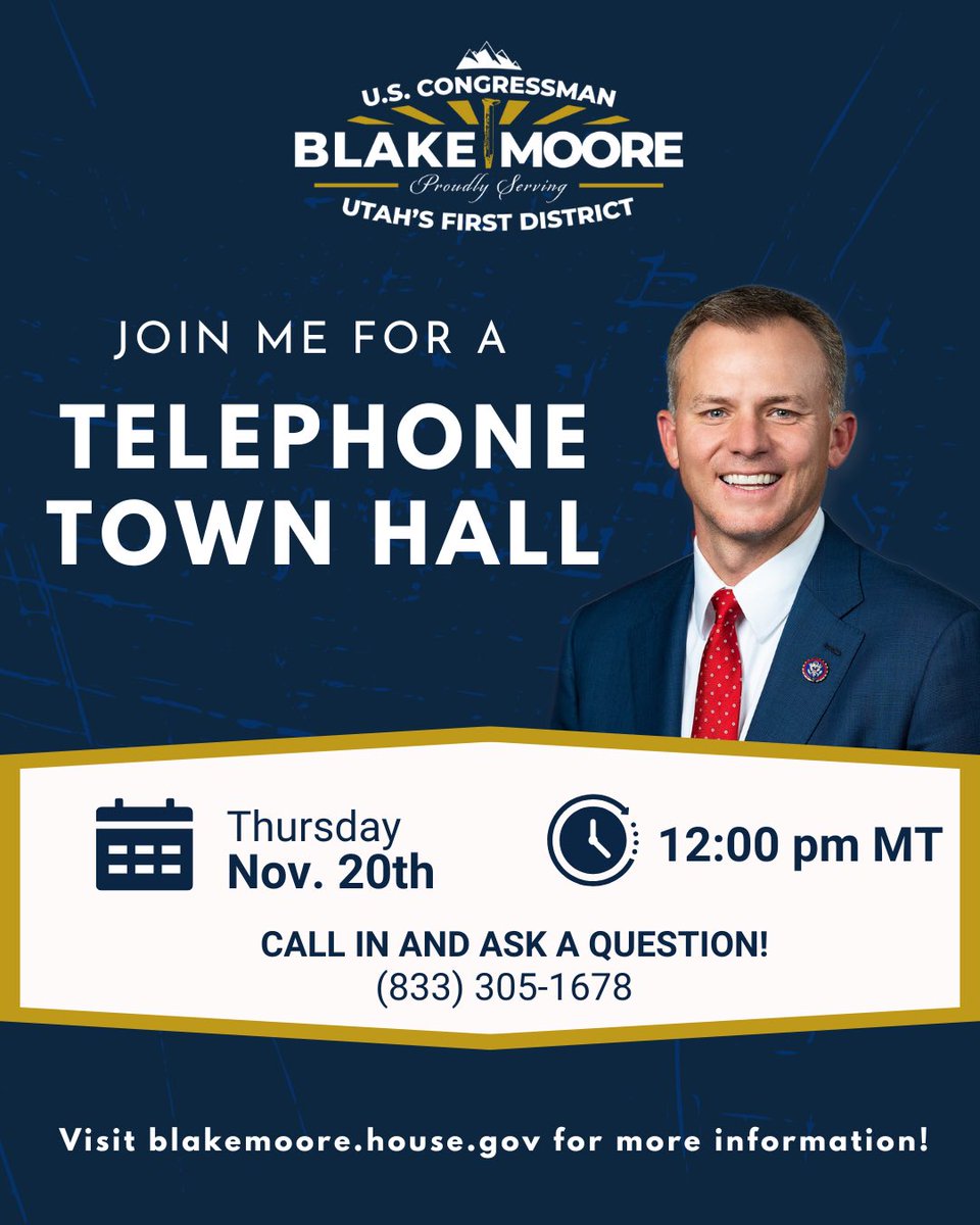 RepBlakeMoore's tweet image. Spend your lunch hour with me at our next telephone town hall on Thursday at noon! I will provide an update on the current state of play in Washington and answer your questions. Dial in at 833-305-1678.