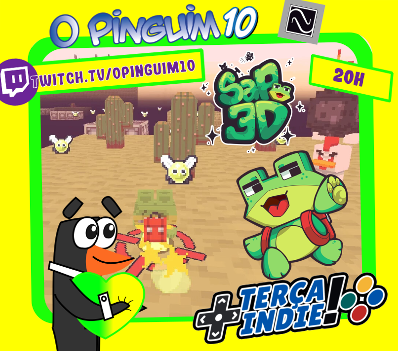 CanalOpinguim10's tweet image. OLÁ PINGUINOS! SURPRESA! HJ TEM LIVE ;D

Conheceremos Sapo 3D, jogo brasileiro da @nuntiusgames sobre como o nome diz...um sapo! @BitLifeGD 

*OBS: ainda n é a live de aniversário do canal! Aguardem :)

Vem pular nessas plataformas comigo as 20h na twitch.tv/opinguim10