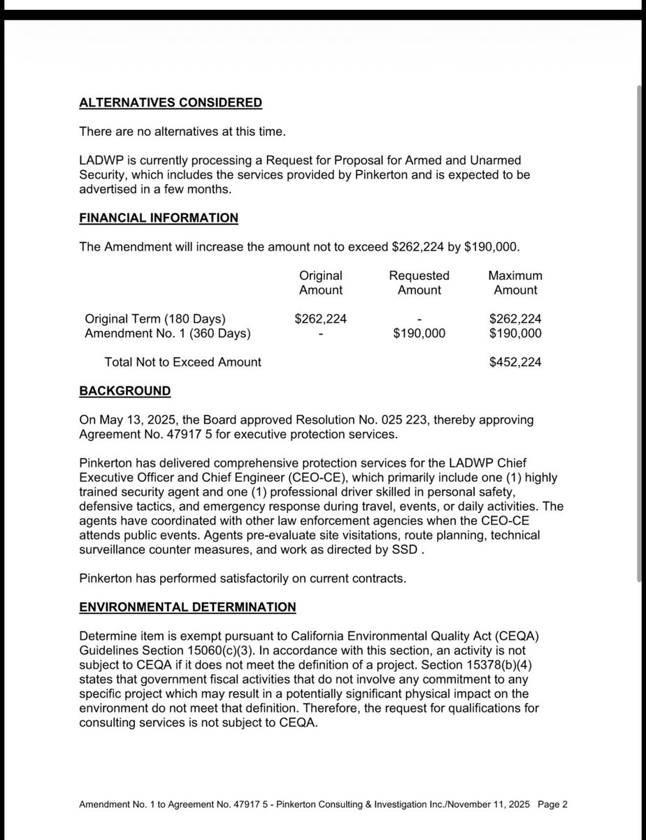 spencerpratt's tweet image. LADWP couldn’t pay the 140k tear on Santa Ynez reservoir or fix afford to pay to fill up the Palisades reservoir but….

On November 12, 2025, the LADWP amended its security agreement for Janisse Quiñones, bumping the cost of her private security up $190,000 to a grand total of…