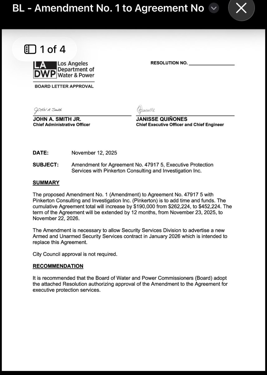 spencerpratt's tweet image. LADWP couldn’t pay the 140k tear on Santa Ynez reservoir or fix afford to pay to fill up the Palisades reservoir but….

On November 12, 2025, the LADWP amended its security agreement for Janisse Quiñones, bumping the cost of her private security up $190,000 to a grand total of…