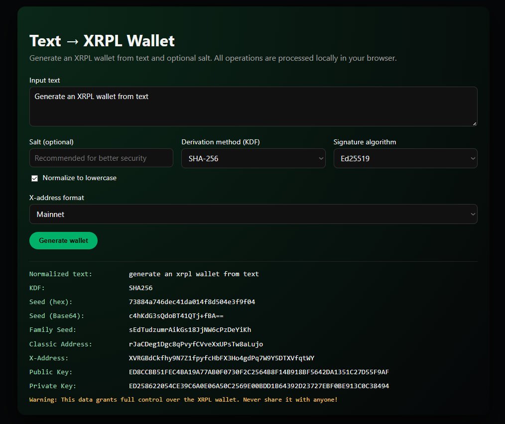 StaticBit_io's tweet image. 🔥 We just launched a powerful recovery tool!

You can now generate your XRPL wallet (seed, address &amp;amp; keys) directly from text, fully offline, no app required.

💾 Just save the page &amp;amp; use it anytime:
👉 staticbit-io.github.io/staticbit-text…

🔒 Current app uses SHA-256
🧠 Tool also supports…