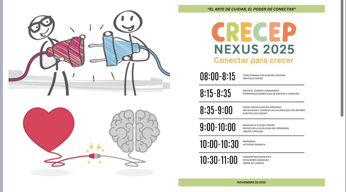 CRECEP_ucip's tweet photo. Nexus CRECEP 
Ideas, voces y conexiones reales para proyectar el futuro de CRECEP .
Humanizar el cuidado no es teoría: es trabajo en equipo, empatía y acción.
Seguimos creciendo para cuidar mejor. 💛🌱

#CRECEP #Humanización #Pediatría #UCIP https://t.co/AMEPuJYt5U