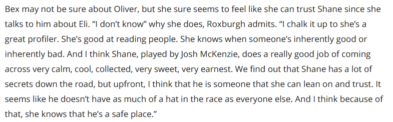 zekaelas's tweet photo. [02.10.25] Melissa Roxburgh via TV Insider:

"I think that [Shane] is someone that [Bex] can lean on and trust. It seems like he doesn’t have as much of a hat in the race as everyone else. And I think because of that, she knows that he’s a safe place."

― https://t.co/dyHIiZFQE4 https://t.co/Whq1pu6BYr