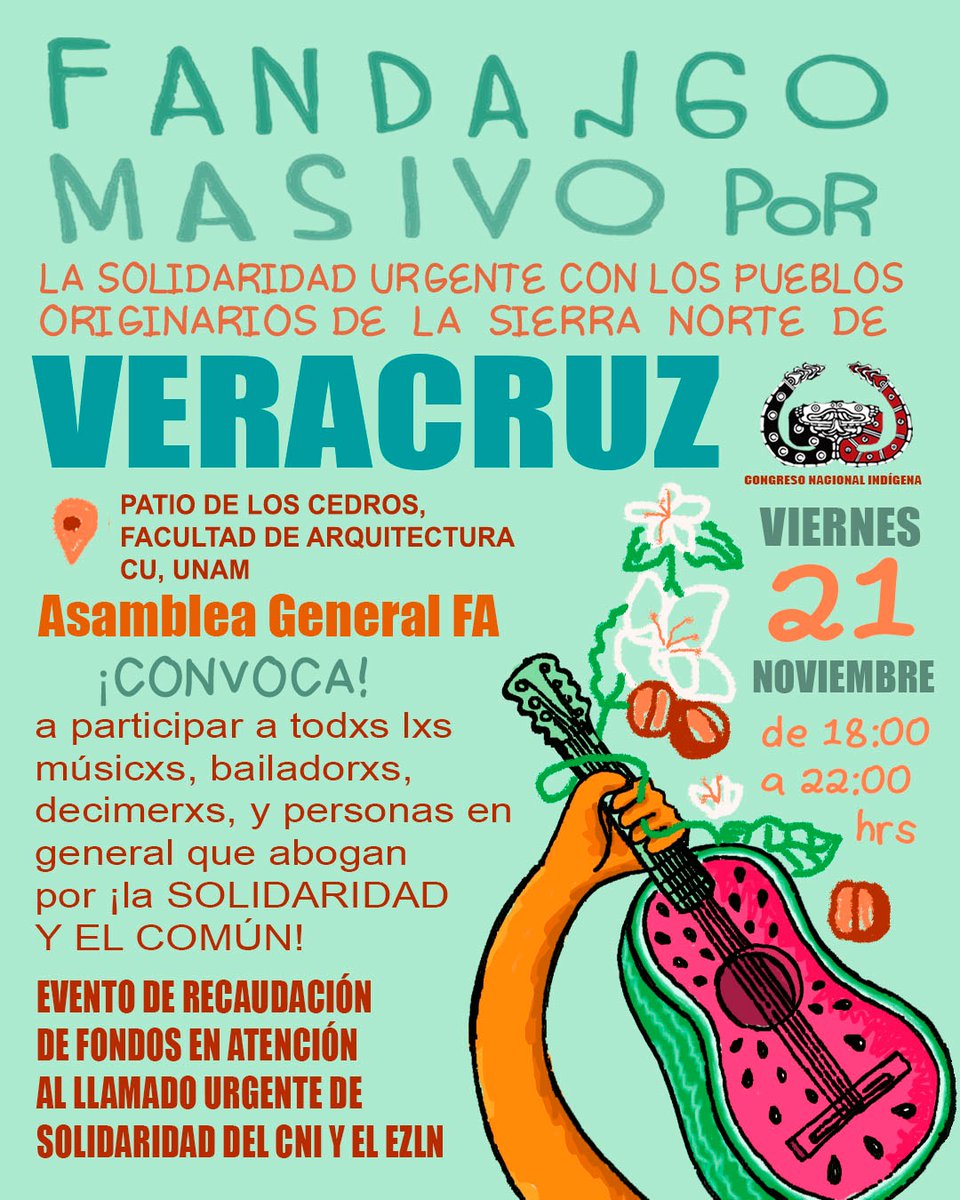 Fandango masivo por la solidaridad urgente con los pueblos originarios  de la Sierra Norte de Veracruz 

Viernes  21 de noviembre  de 18:00 a 22:00 hrs

wp.me/p8qHTQ-325