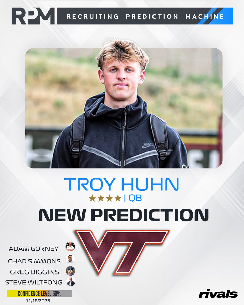 Rivals's tweet image. NEW: Multiple Rivals insiders have logged expert predictions for Virginia Tech to land 4-star QB Troy Huhn🦃

Huhn recently decommitted from Penn State.

Read: on3.com/rivals/news/ja…