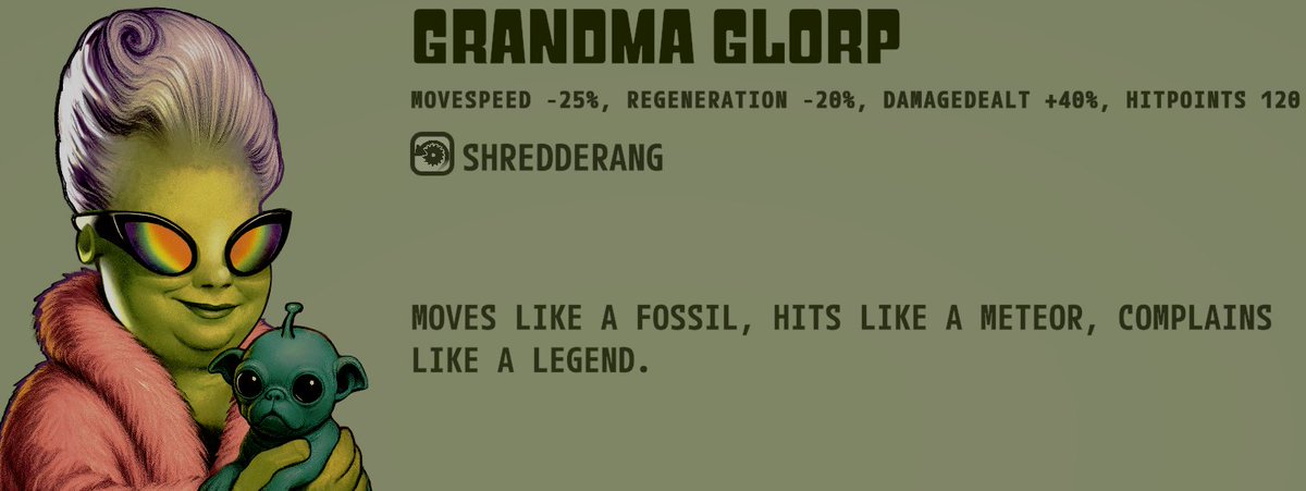 Grandma Glorp is such a vibe! The style, the glasses, the pupper 💙 Can't wait to play her in <a href="/cosmicrungame/">Cosmic Run ➡️ Play the Demo on Steam !</a> The demo was fun with just the one character, but I'm sure the others will bring some fun variation