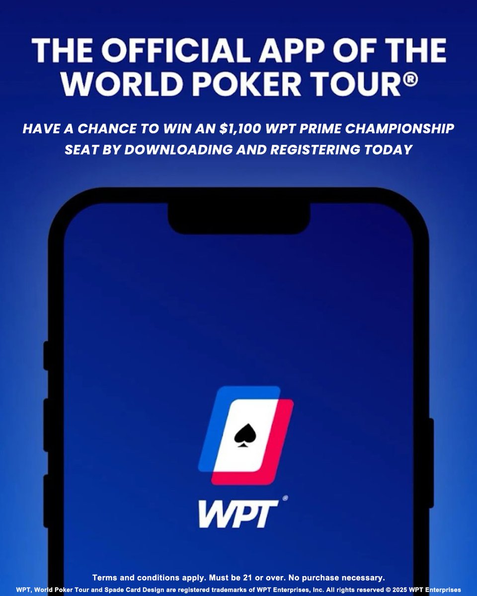 WPT PRIME CHAMPIONSHIP GIVEAWAY 🙌🏆

We're giving away FOUR seats to the $1,100 <a href="/WPT/">World Poker Tour</a> Prime Championship at <a href="/WynnLasVegas/">Wynn Las Vegas</a>!

All you need to do is download the new WPT Live app and complete the player registration process!

iOS: apps.apple.com/us/app/wpt-liv…

Google Play: