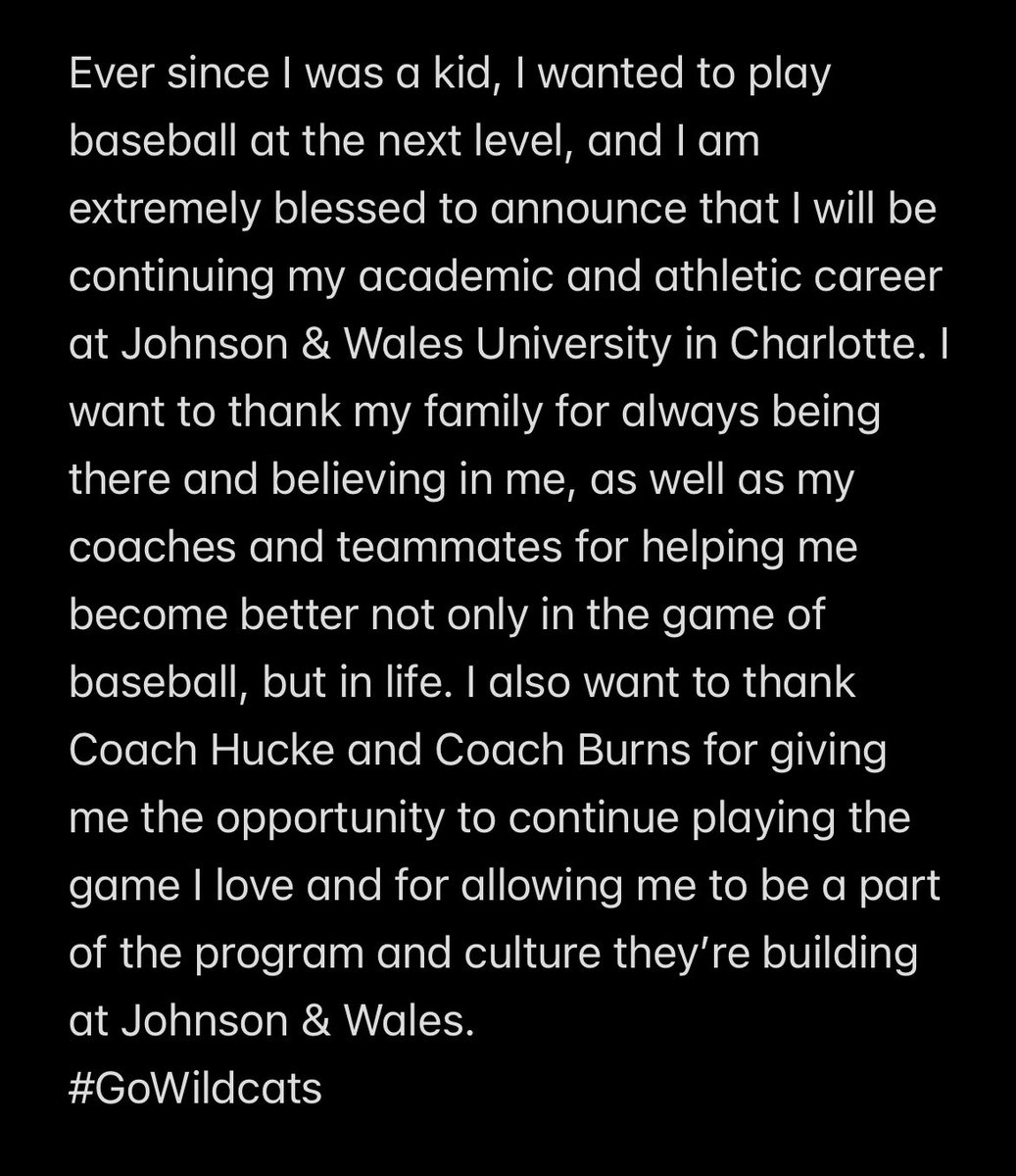 Extremely exited to announce my commitment to play college baseball at Johnson &amp; Wales University in  Charlotte NC! <a href="/Feelthe_burns32/">Burns</a> <a href="/Oldbaseball02/">Steve Hucke</a> <a href="/JWUAthleticsCLT/">JWU Charlotte Athletics</a>