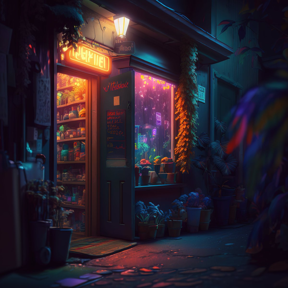 NoBanksNearby's tweet image. 1:24 AM - Deep teals and fiery oranges bleed into the night. This quiet street corner, bathed in neon glow and the warm light from within, feels like a secret whispered just for you.

#CreativeCode #AIArt #Awareness #EveryMinuteMatters #MiddayMoment