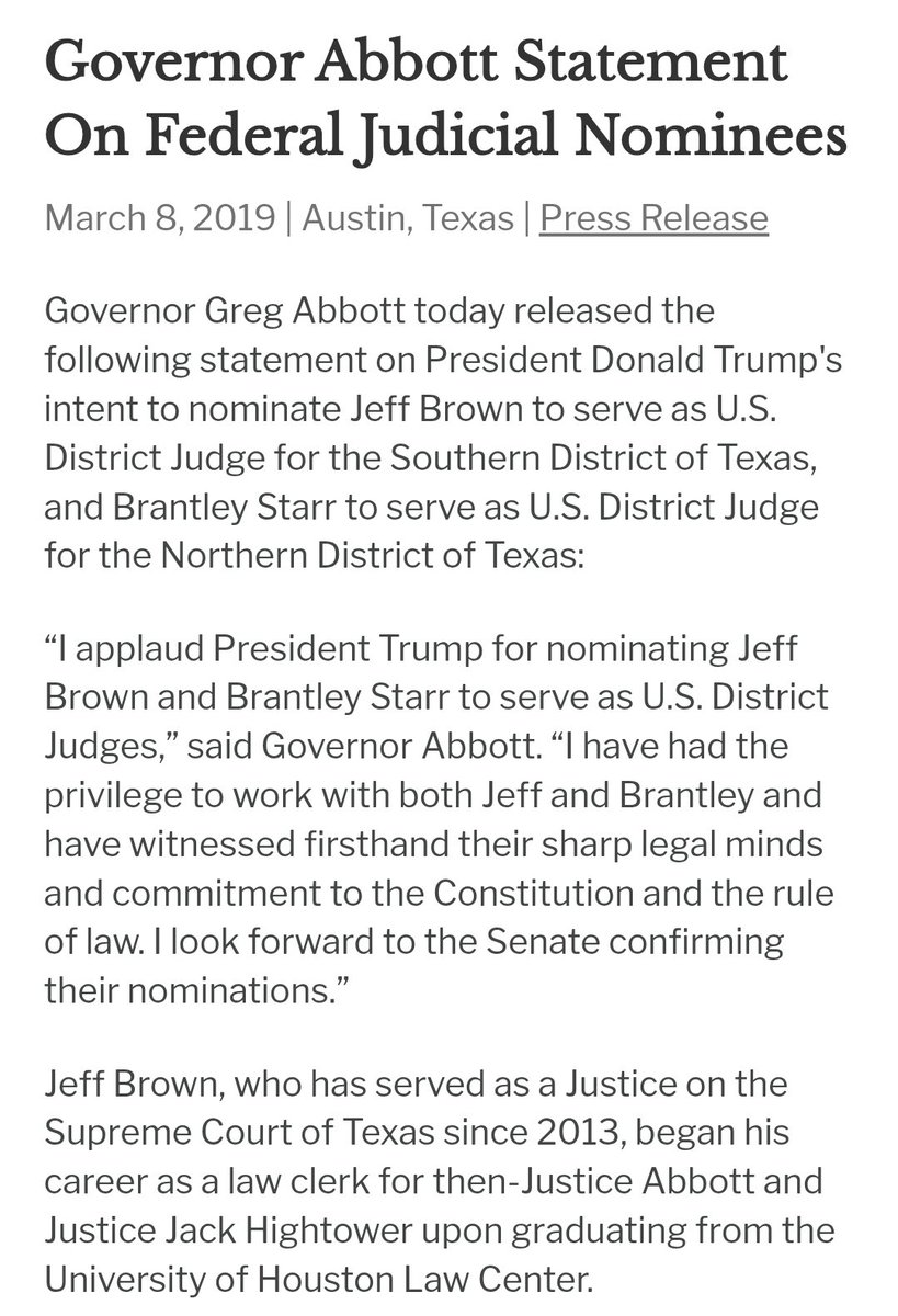 The federal judge who really smacked down the new Texas Congressional map today also started his career as a clerk for then-Texas Supreme Court Justice Greg Abbott. Gov Abbott applauded President Trump's appointment of Judge Brown to the federal bench.