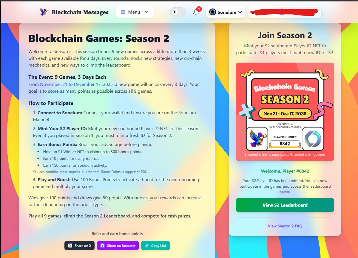 İlk sezonda olduğu gibi ikinci sezonunda çok heyecanlı geçeceğine eminim. <a href="/soneium/">Soneium 💿</a> ağında <a href="/blockchainmsgs/">Blockchain Messages</a> üzerinde yine farklı ve çılgın oyunlar başlamak üzere..

Sezon2 oyunları 21 kasımda başlayacak ve 17 aralığa kadar sürecek. Şimdiden girip ücretsiz NFT mintleyerek sıranızı