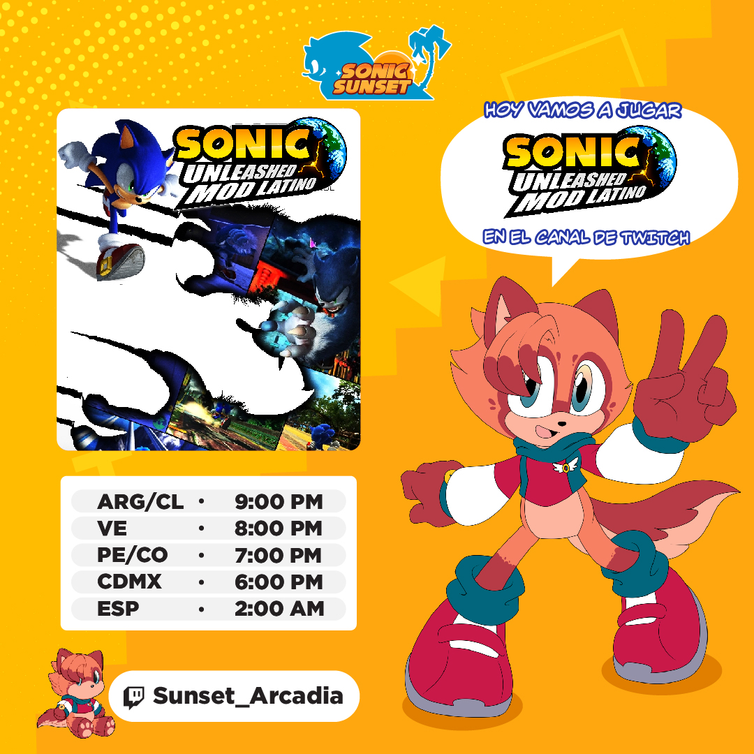 Sonic_Sunset's tweet image. ✦✧✦ Directo de Sonic Unleashed ✦✧✦

¡Hoy estaremos en vivo jugando Sonic Unleashed MOD LATINO! ¡El mod que hicimos junto a @HedgeDubTeam!

Horarios:
*20:00 hs - 🇦🇷🇨🇱
*19:00 hs - 🇻🇪
*18:00 hs - 🇵🇪🇨🇴
*17:00 hs - 🇲🇽
*00:00 hs - 🇪🇸

#SunsetStream #SonicSunset #SonicUnleashed