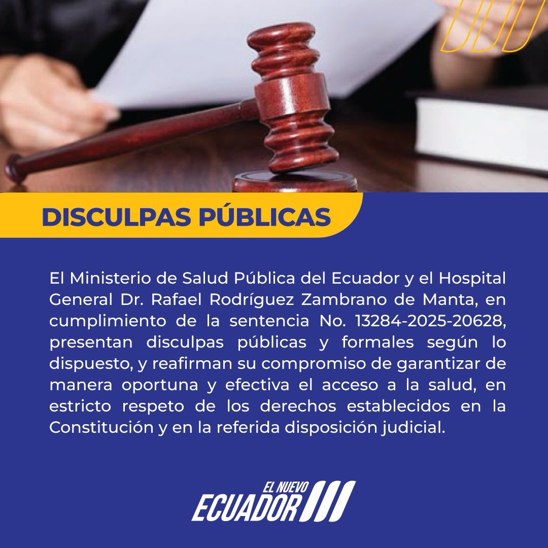 Disculpas Públicas: Cumplimiento de Sentencia Nro. 13284-2025-20628

Lea la sentencia completa aquí: salud.gob.ec/cumplimiento-p… 

#ElNuevoEcuador
