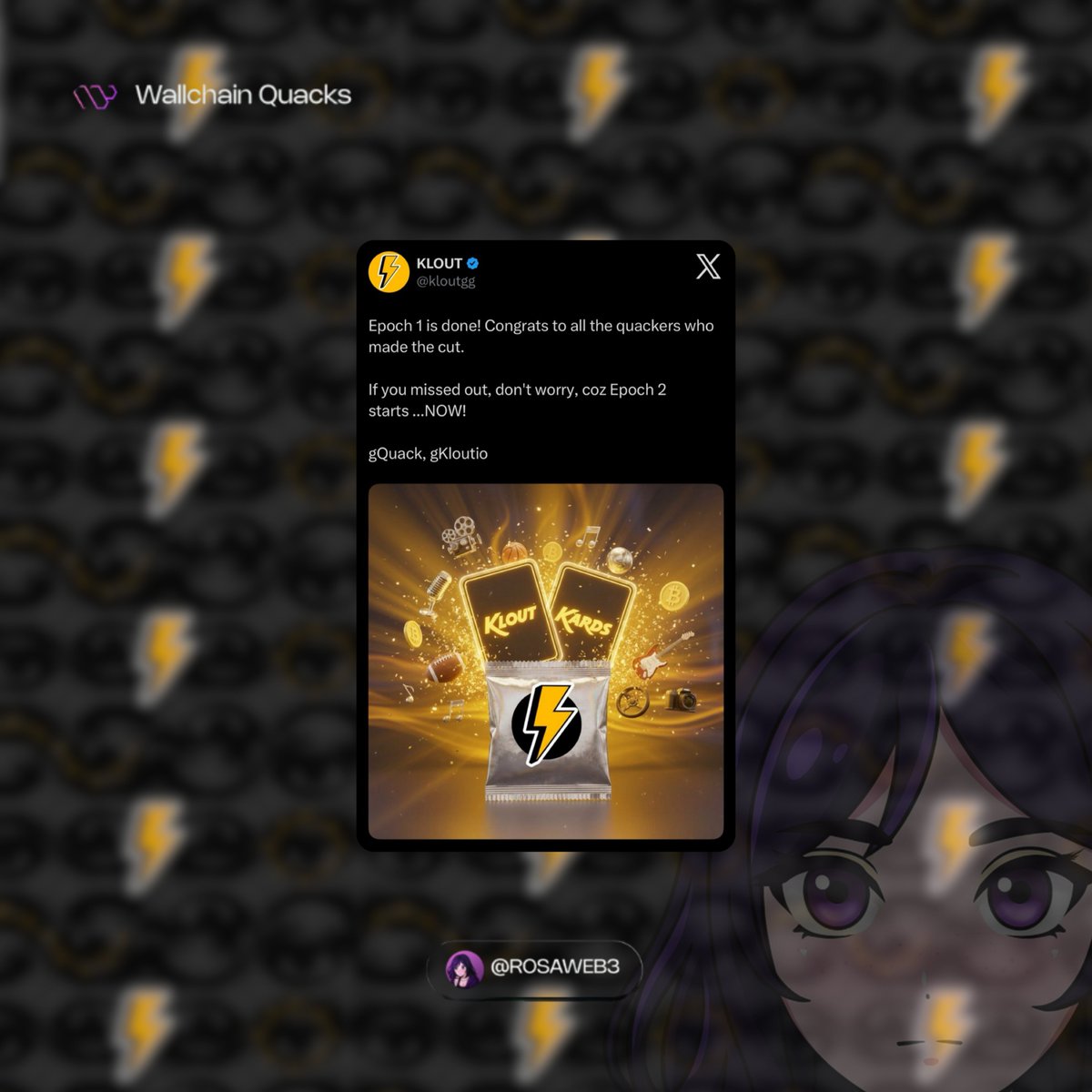 rosaweb3's tweet image. Epoch 1 of @kloutgg wrapped with suuupeer cool momentum. 

And now epoch 2 goes live immediately, giving anyone who missed the first wave a fresh window to position early.

If you’re following attention driven ecosystems,
the @wallchain × @kloutgg loop is starting to show how…