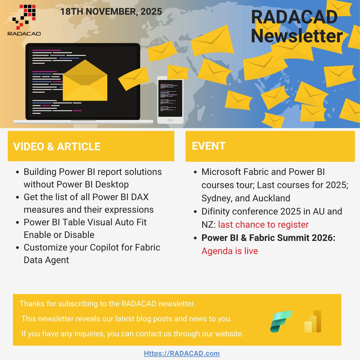 RADACAD_COM's tweet image. #RADACAD #PowerBI #MicrosoftFabric #DataAnalytics #Newsletter edition 18th Nov 2025 is out

Watch our latest YouTube videos and blog articles, and learn from updates from #Microsoft

Also; this is your last chance to register for #Difinity #Conference in #Australia and…