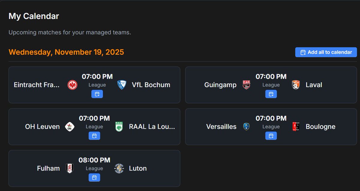 Never miss a game again!🗓️

It’s easy:

Go to My Hub

Check your Calendar

Add it to Google Agenda

Plan your fandom. Get notified.

<a href="/soccerverse/">Soccerverse</a>